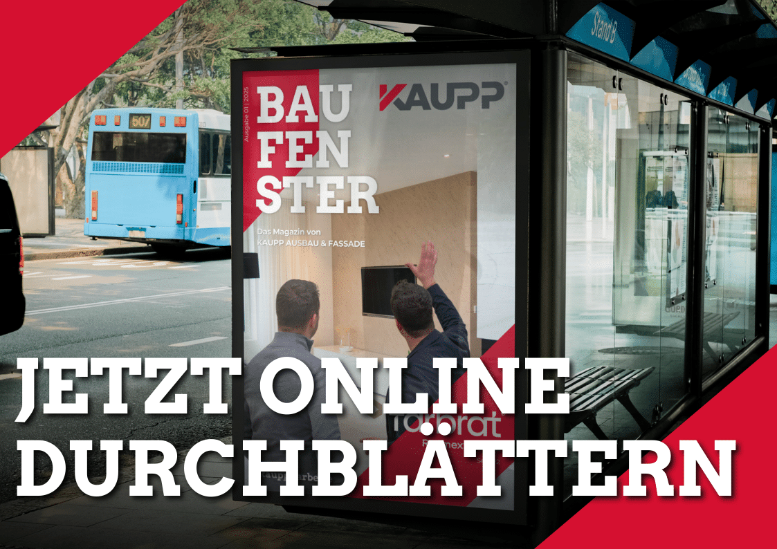 Ein Vorschaubild des Artikels, man sieht das Büro Team der Firma Kaupp, auf dem zweiten Bild einen Mitarbeiter beim Bearbeiten eines Pandomo Bodens